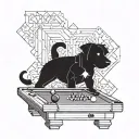 A billiards table with geometric patterns and a hidden dog silhouette tattoo design idea