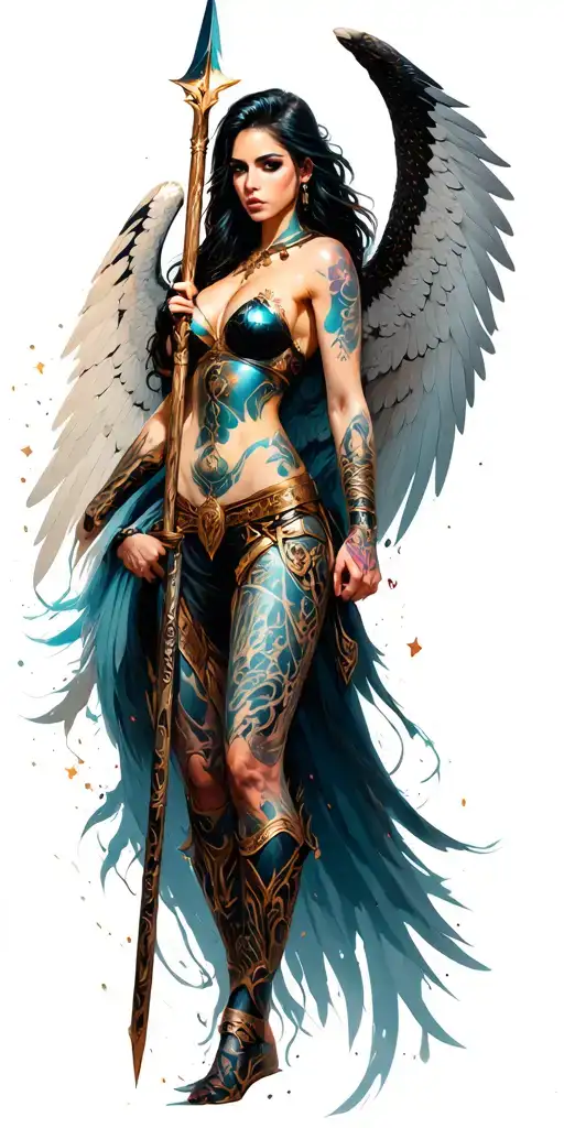 fantasy style female battle angel using a spear tattoo design idea