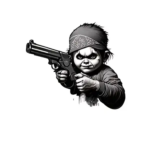 chucky with bandana holding a gun tattoo design idea