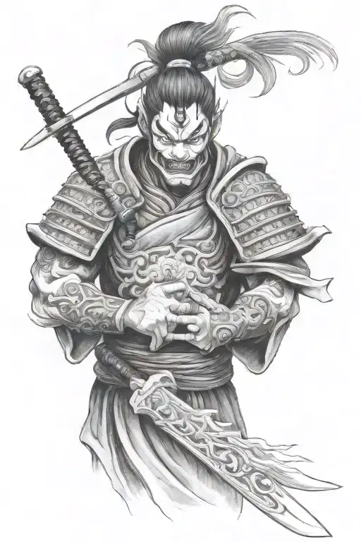 full sleeve with samurai and Hannya and Oni mask surrounded tattoo design idea