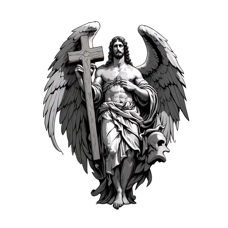 The creation of the Archangel Michael who defeated Satan stands on it and holds a wooden cross in his hands, which he ho tattoo design idea