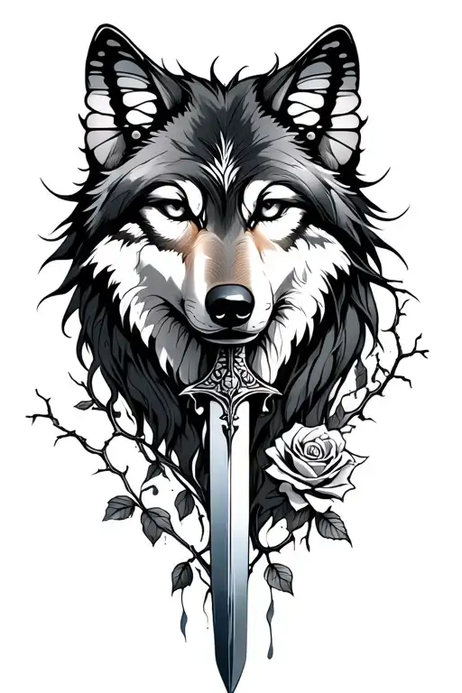 A feminine wolf with an ancient looking dagger piercing the wolf, tears, thorny rose vine, butterfly  tattoo design idea