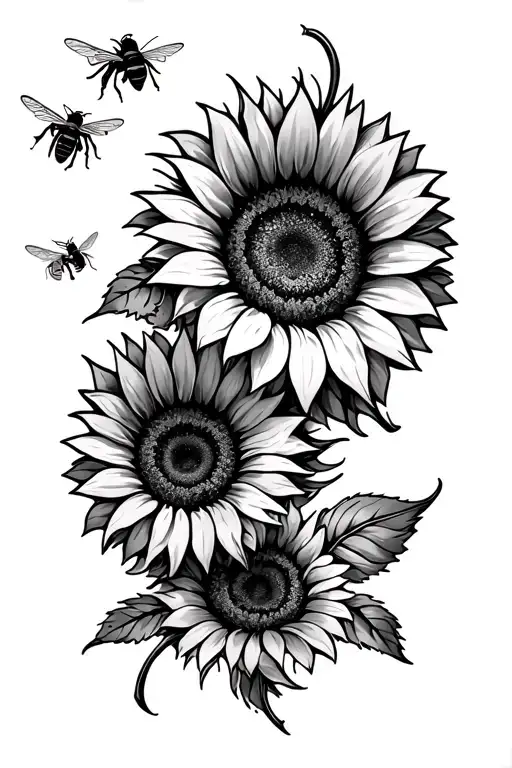 spine tattoo with 4 sunflowers in line and bees flying  tattoo design idea