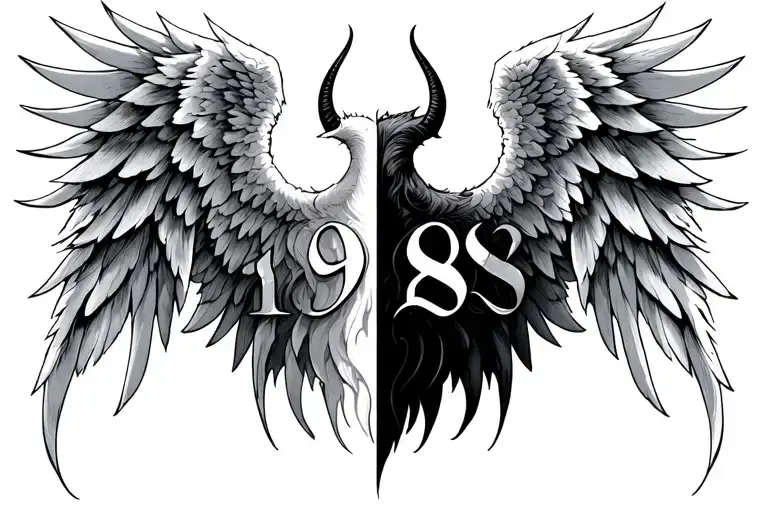 half angel half devil wings with aroman numerals 1998 with aries tattoo design idea