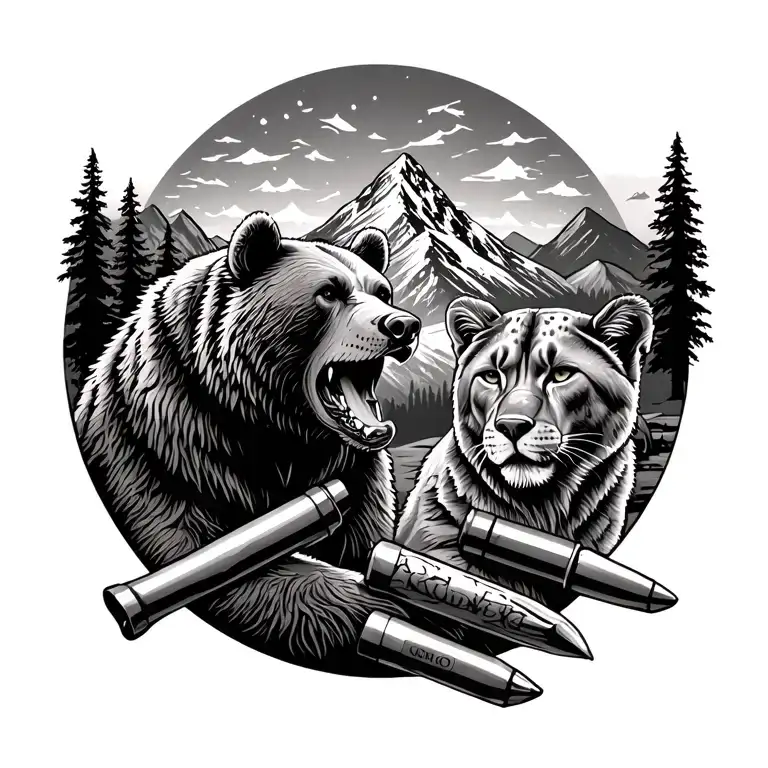 a kodiak bear and a mountain lion, with a bone and a bullet in a mountain scene tattoo design idea