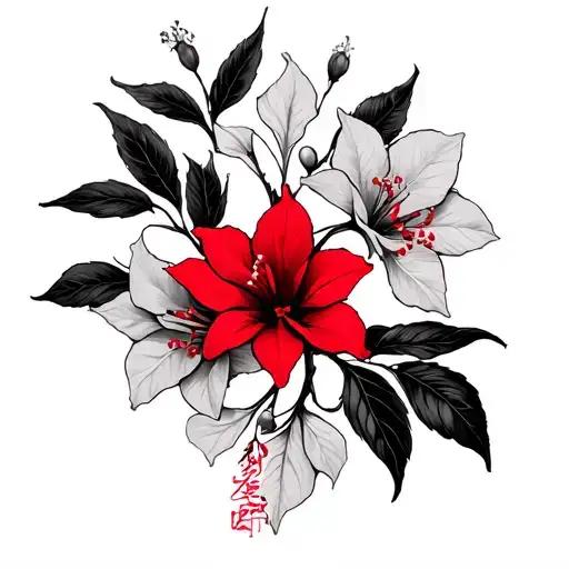 Red String Of Fate with bougainvillea flowers tattoo design idea