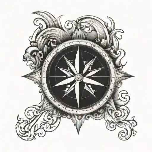 compass with star and wave fine line tattoo design idea