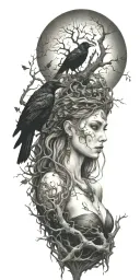 the morrigan Irish goddess with crows an old oak tree growing and bright moonlight tattoo design idea