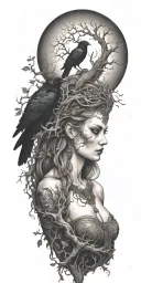 the morrigan Irish goddess with crows an old oak tree growing and bright moonlight tattoo design idea