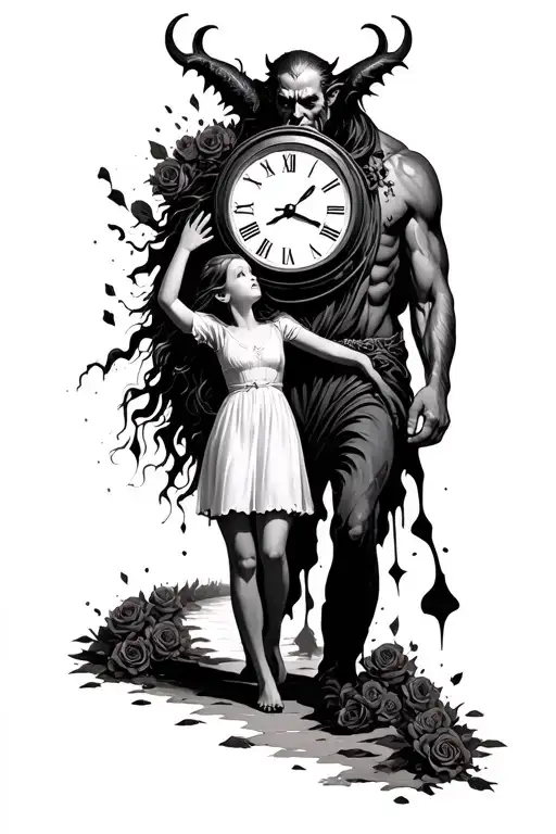 half father half devil holding daughters hand coming walking down a path with a clock around it melted with roses  tattoo design idea