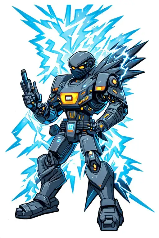 robot ninja with lightning storm and cyber sigilism tattoo design idea