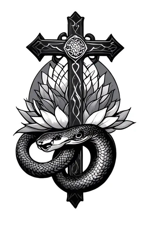 Judeo christian cross with a Buddhist lotus and a snake tattoo design idea