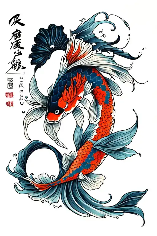 Japanese infinity tattoo wave and koi fish with English wedding date and bride name tattoo design idea