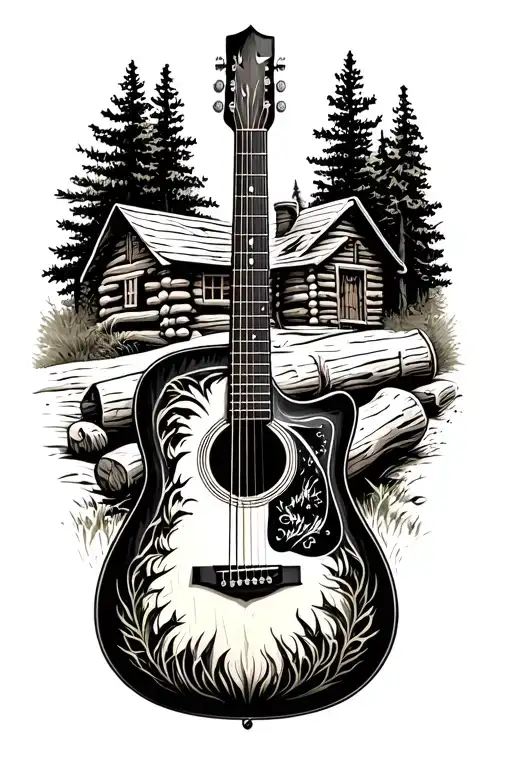 accoustic guitar surrounded by log cabin scene  tattoo design idea