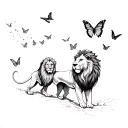 lions and butterflies flying tattoo design idea