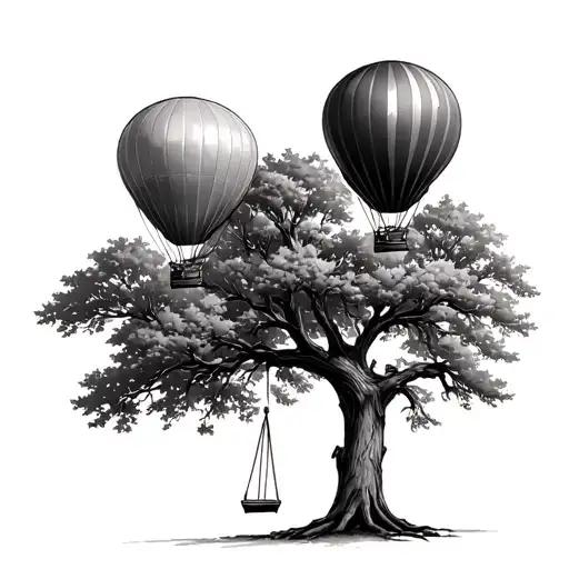 3 hot air balloons flying over an oak tree with a swing hanging from it tattoo design idea