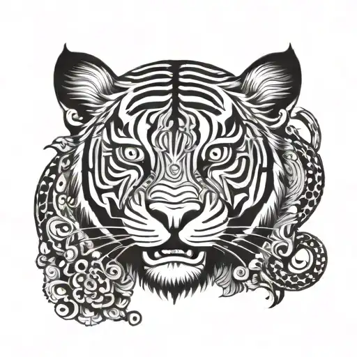 Thai traditional tiger design with intricate patterns and symbols tattoo design idea