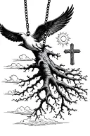 Root tree growing towards bird flying holding a cross necklace with the sun and clouds overhead tattoo design idea