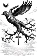 Root tree growing towards bird flying holding a cross necklace with the sun and clouds overhead tattoo design idea