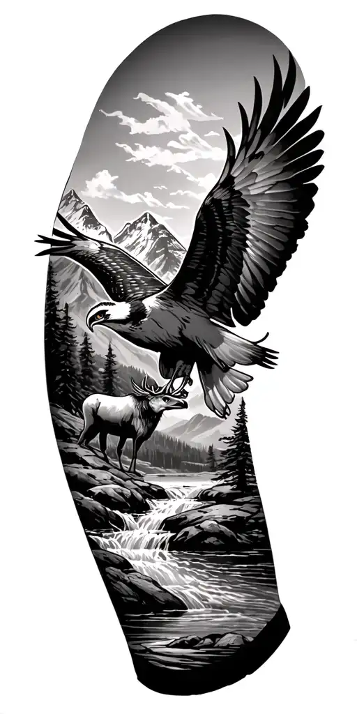 mountain range sleeve with an osprey diving in to get a cutthroat trout from a stream. with an elk in the background tattoo design idea