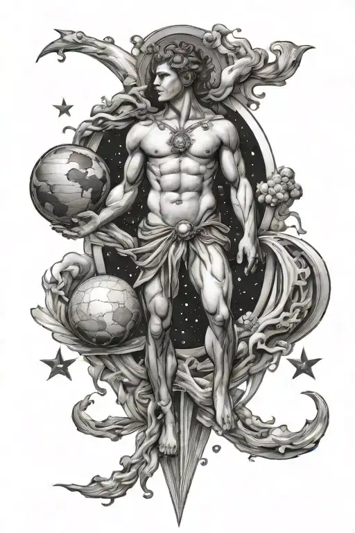 apollo holding earth in space surrounded heaven gates tattoo design idea