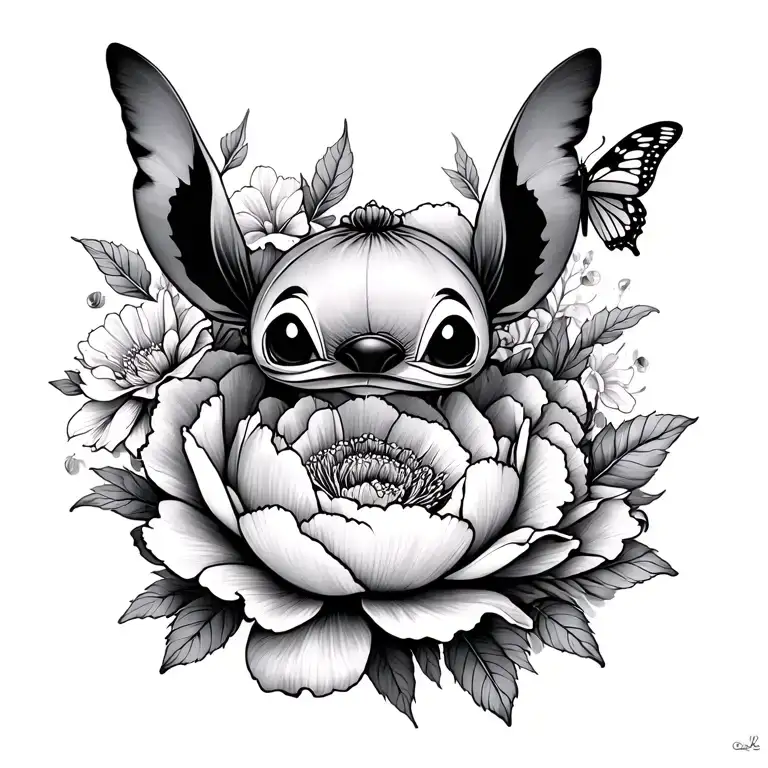 little stitch and peonies and butterfly tattoo design idea