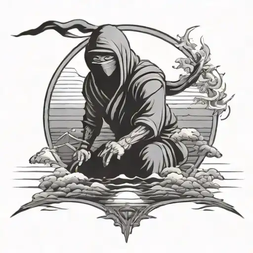 Ninja in front of sun setting tattoo design idea