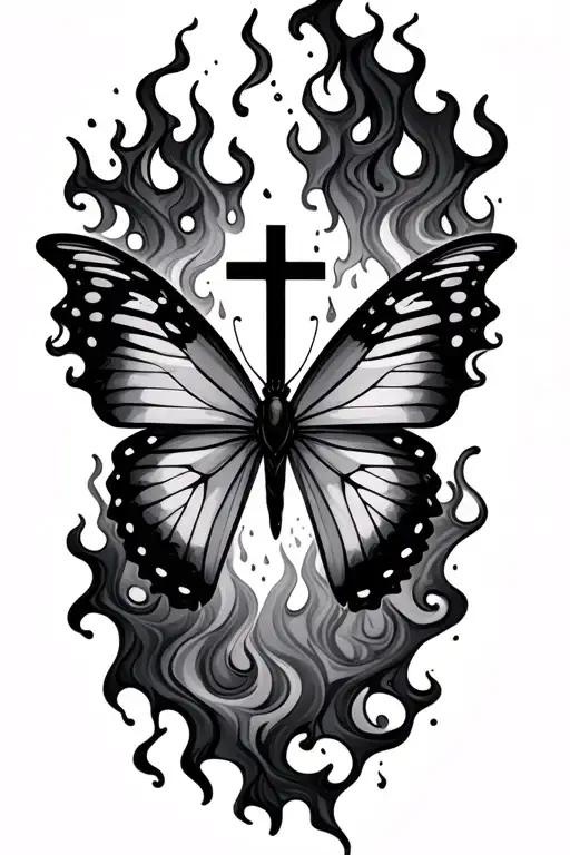 cover up  butterfly with cross instead of body smokey flames with rainstorm  tattoo design idea