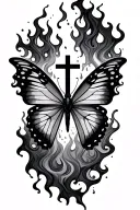 cover up  butterfly with cross instead of body smokey flames with rainstorm  tattoo design idea