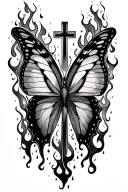 cover up  butterfly with cross instead of body smokey flames with rainstorm  tattoo design idea