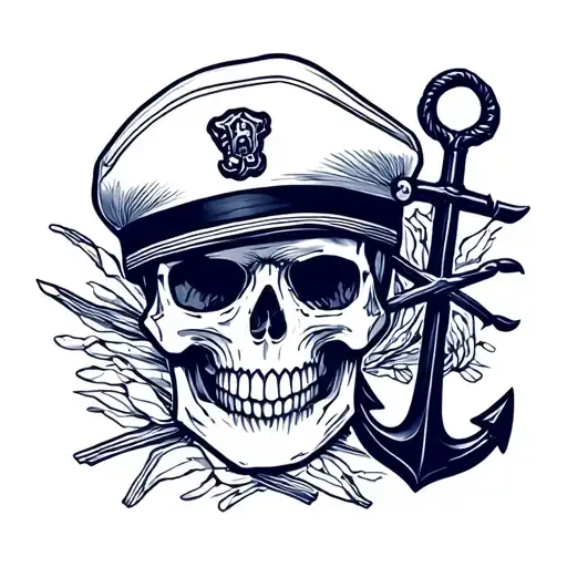 skull with sailor hat and navy anchor  tattoo design idea
