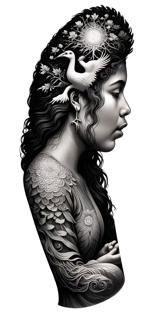 tree of life, Phoenix, meditating girl with Mandela, with nature background sleeve tattoo design idea