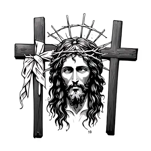 3 crosses at the bottom with a cloth on the middle cross, a little above the face of Jesus with a crown of thorns tattoo design idea