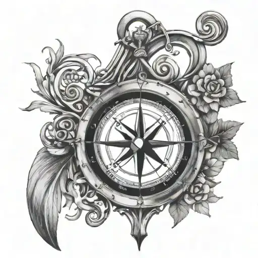 compass intertwined with irish harp and celtic linework tattoo design idea