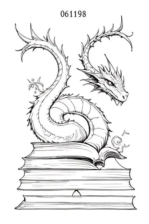 The anagram of the number 061198 with the addition of elements that indicate love for books and for dragonomastil minimalism tattoo design idea