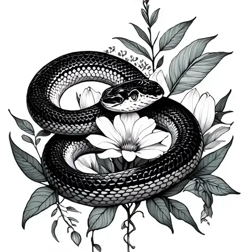 plants and flowers with snake in between tattoo design idea