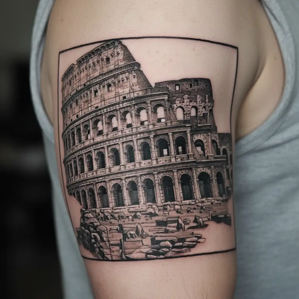 Roman Colosseum with a gladiator fighting inside tattoo design idea