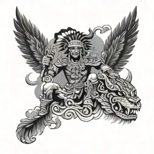 Aztec warrior, on the clouds  floating, with feather serpent  tattoo design idea