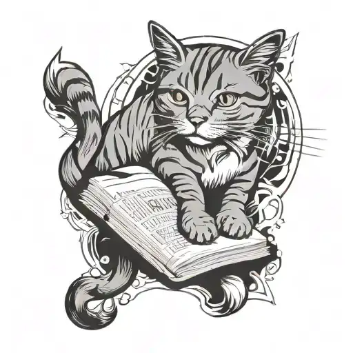 cat and book outline tattoo design idea