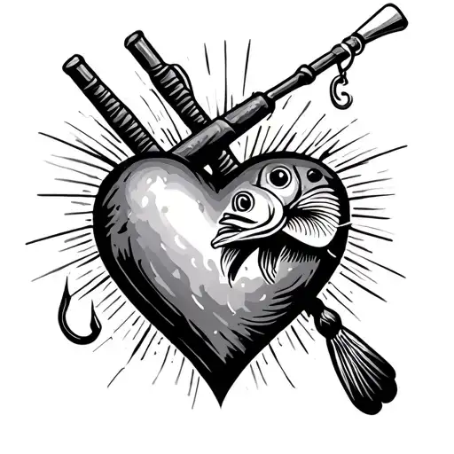 fishing pole and fish hook heart with fishing line tattoo design idea