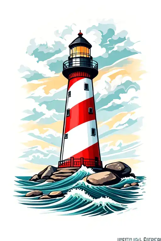 Lighthouse, Waves, Stones, Red and White Stripes, Light tattoo design idea
