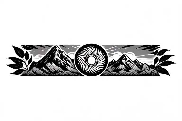 Pachamama spiral with mountain outline intertwined coca leaves tattoo design idea