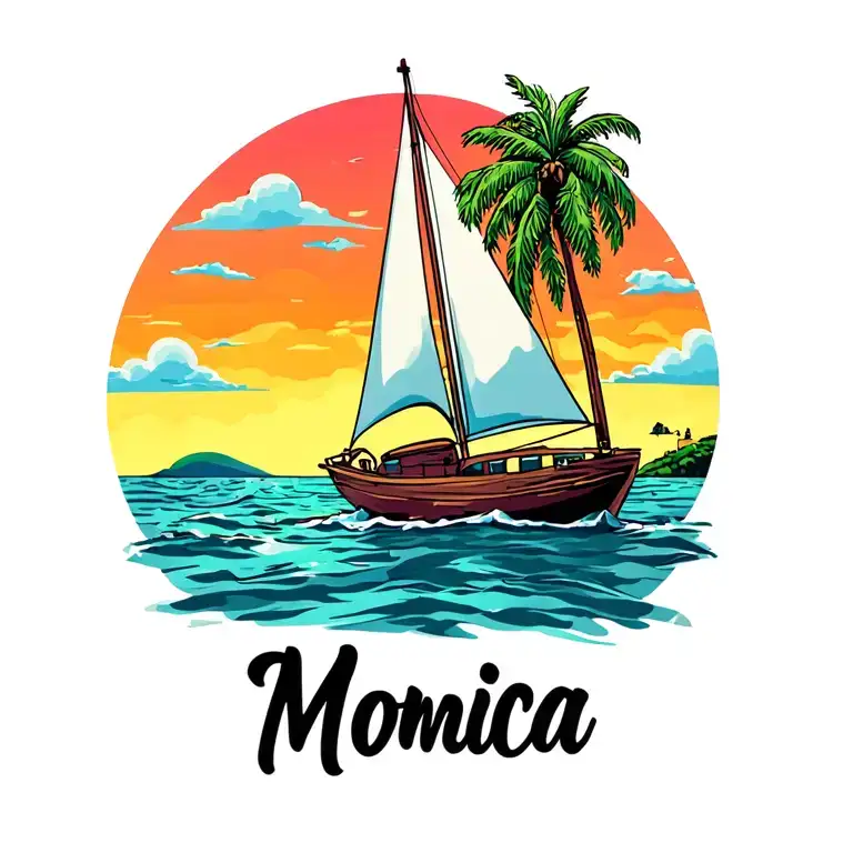 "Monica" sailboat in foreground, background full sunrise sky, small island in far background with plam vibrant colors no borders tattoo design idea