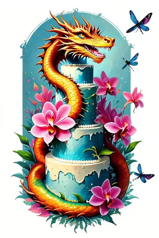A dragon wrapped around a towering cake, with orchids and dragonflies flying around it tattoo design idea