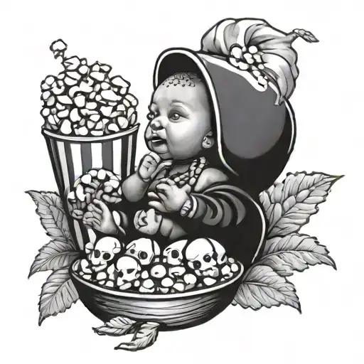 oxum's baby and popcorn and cowries tattoo design idea