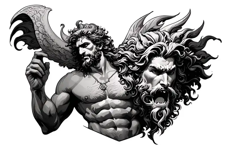 Create a detailed black and white tattoo design featuring a fierce Poseidon, the Greek god of the sea. He should be depi tattoo design idea