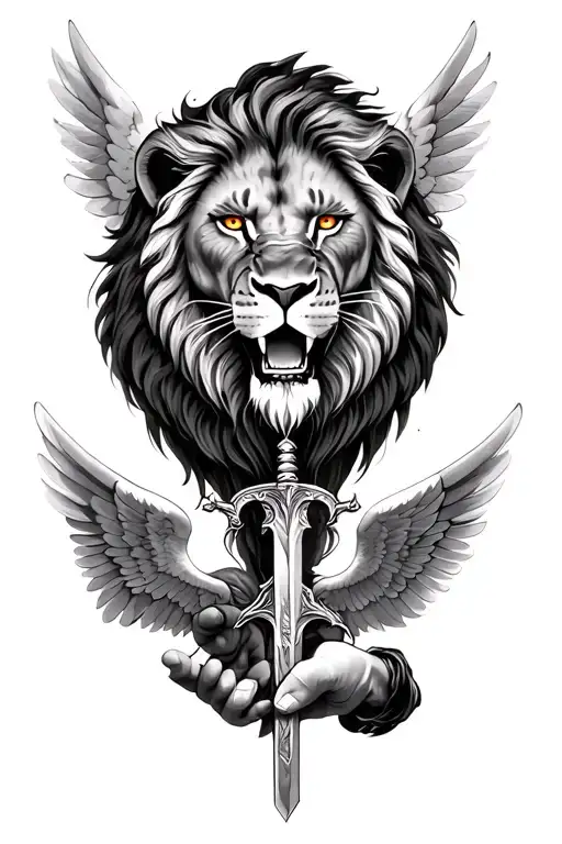 REALISTIC TATTOO ROAR LION WITH BROWN EYES AND UNDER THE LION  ARCH ANGEL WITH WINGS AND SWORD IN THE ANGEL HAND PLUS SU tattoo design idea