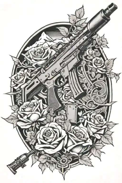 Russian machine gun, roses, mountains, money, earth, Ronin tattoo design idea