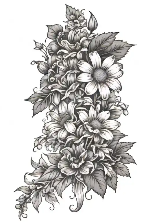 daisy and Sweet pea flower bouquet with diamond and holly leaves tattoo design idea