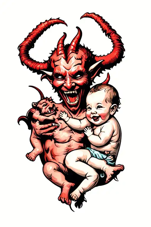 the devil with a giggling baby tattoo design idea